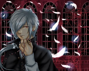 silver blonde long hair male vampire anime character holding prayer beads wearing black coat digital wallpaper