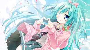 pink and white floral textile, Hatsune Miku, looking at viewer, heart hands