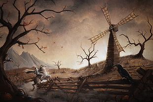 brown windmill and horseman painting, fantasy art, artwork, knight, windmill