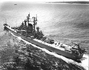 grayscale photo of city buildings, warship, battleships, USS Newport News, military
