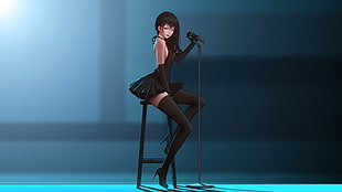 black-haired anime character sitting on stool while holding microphone
