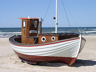 white and brown sailing boat on the seashore