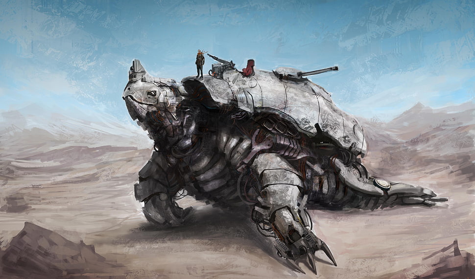 robot tortoise with person standing on top illustration HD wallpaper