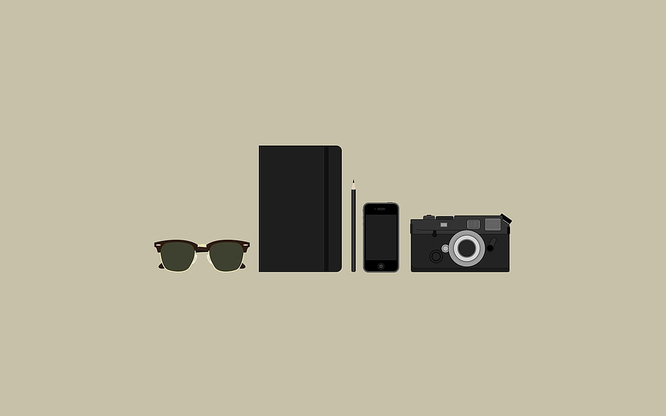 black sunglasses, flip case, android smartphone and camera HD wallpaper