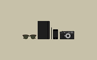 black sunglasses, flip case, android smartphone and camera