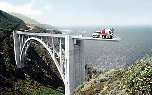 white concrete bridge, digital art, bridge, vehicle, Truck