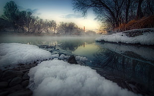 body of water with snow filled soil wallpaper, landscape, nature, river, trees