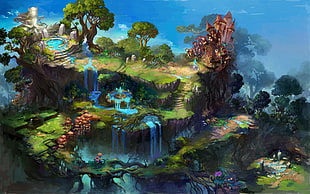 multicolored flowing multi-step waterfalls digital wallpaper, fantasy art HD wallpaper
