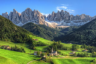 green grass field, mountains, Dolomites (mountains), village, summer