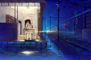 female anime character sitting in desk near railroad wallpaper