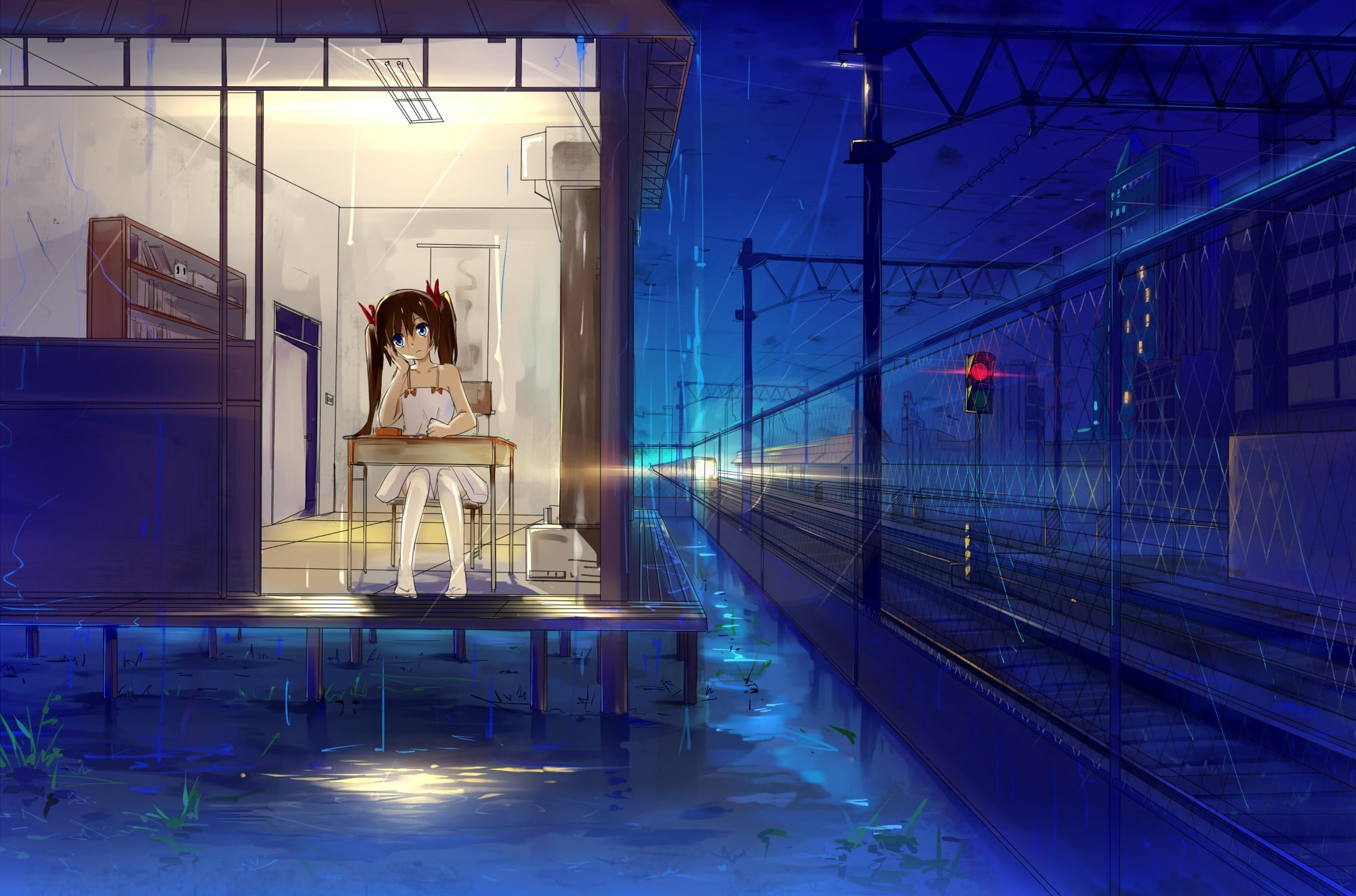 Female anime character sitting in desk near railroad wallpaper HD