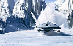 spaceship on snow near mountain movie screenshot HD wallpaper