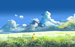 green grass and white clouds, Makoto Shinkai , 5 Centimeters Per Second, field, clouds HD wallpaper