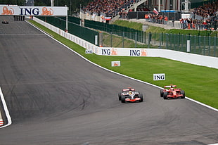 red and white go carts, Formula 1, racing, McLaren F1, Ferrari