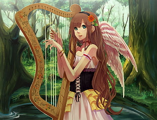 brown-haired anime character with wings and holding harp