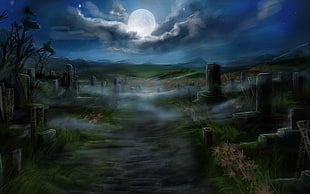 cemetery painting, night, Moon, clouds, cemetery