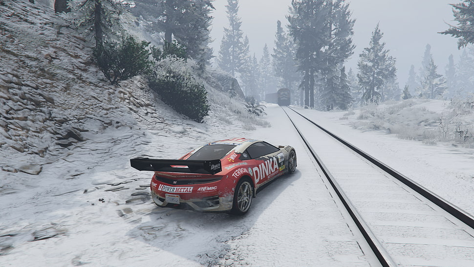 red and white car beside train rail, Grand Theft Auto V, screen shot, video games, Grand Theft Auto HD wallpaper