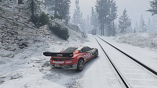 red and white car beside train rail, Grand Theft Auto V, screen shot, video games, Grand Theft Auto