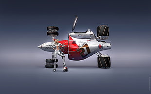 white and red die-cast racing car, render, artwork, book cover, Cosmic Motors HD wallpaper