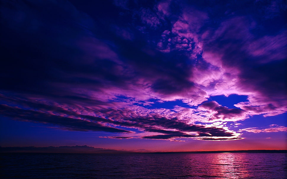 purple clouds, nature, landscape, water, clouds HD wallpaper