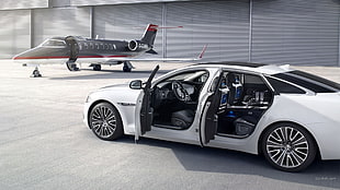 white sedan, Jaguar XJ, car interior, aircraft, Jaguar