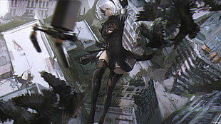 female game character illustration, Nier: Automata, 2B (Nier: Automata), white hair, NieR