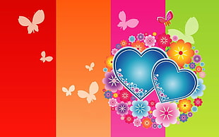 multi-color hearts, flowers, and butterflies wallpaper