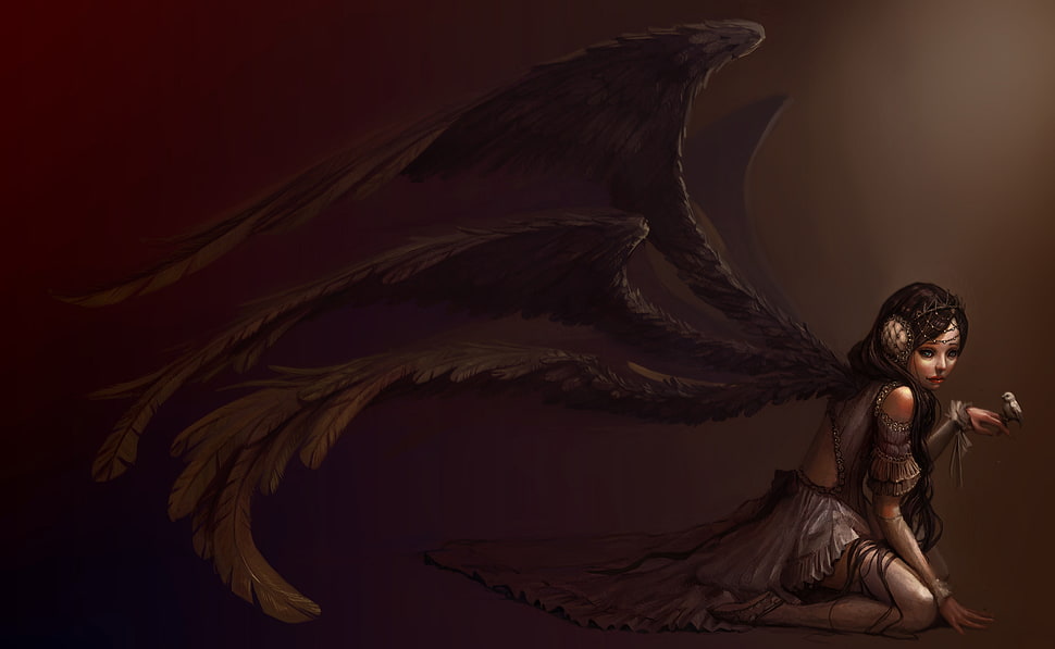 angel with black wings wallpaper, fantasy art, wings HD wallpaper