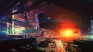 black and red car, artwork, futuristic city, science fiction, digital art