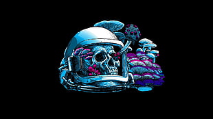 skull with helm illustration, artwork, astronaut, skull, mushroom
