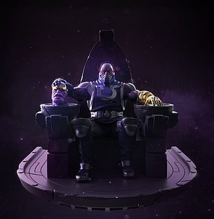 man sitting on chair holding thanos head wallpaper, Darkseid, Thanos, comics, digital art HD wallpaper