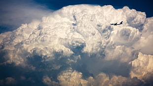 white clouds, clouds, sky, airplane, aircraft