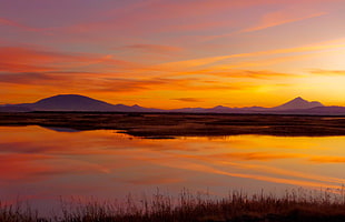 landscape and mirror photography of mountain during golden hour, klamath, national wildlife refuge HD wallpaper