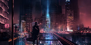person standing in front of high-rise buildings digital wallpaper