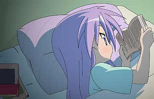 purple haired female anime character reading book