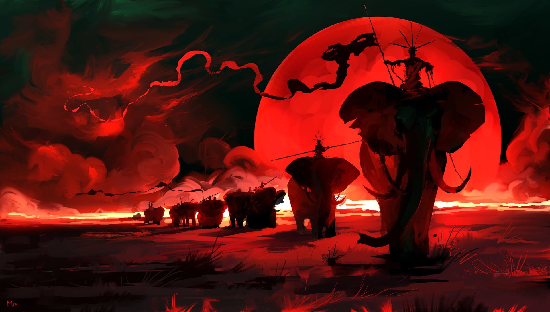 group of people riding elephant anime artwork, artwork, illustration, fantasy art, Moon