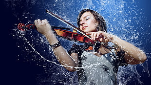 woman playing violin digital wallpaper
