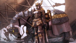 knight beside horse with armor wallpaper, The Elder Scrolls V: Skyrim, Paladin, horse, ship