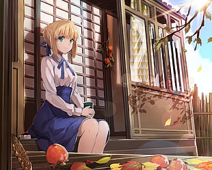 blonde-haired female character sitting beside door digital wallpaper, Saber, Fate Series, tea