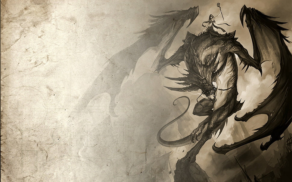 person riding gray dragon illustration, fantasy art, Wyvern HD wallpaper