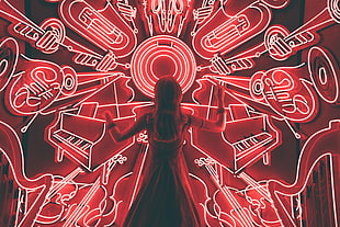 red neon signages, Girl, Conducting, Light