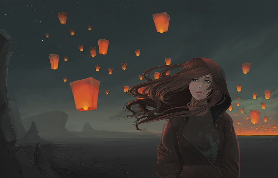 light lanterns illustration, artwork, windy, sky lanterns, desert HD wallpaper