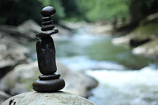selective focus photo of balance stones, nature, landscape, trees, water