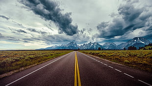 gray road, road, sky, clouds