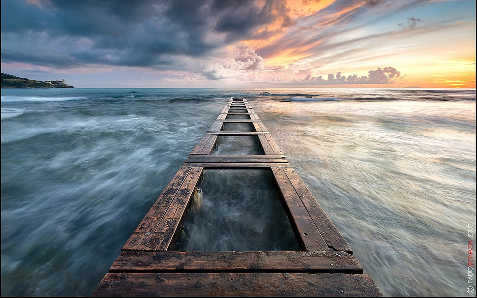 brown wooden dock, nature, landscape, sunset, clouds HD wallpaper