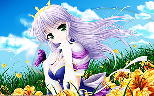 female anime character with purple dress and hair