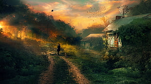person standing on pathway near house painting, artwork, digital art, cottage, kites