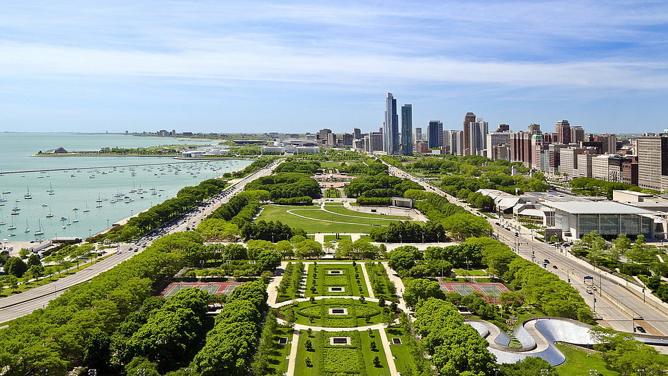 green themed park, architecture, building, skyscraper, city HD wallpaper