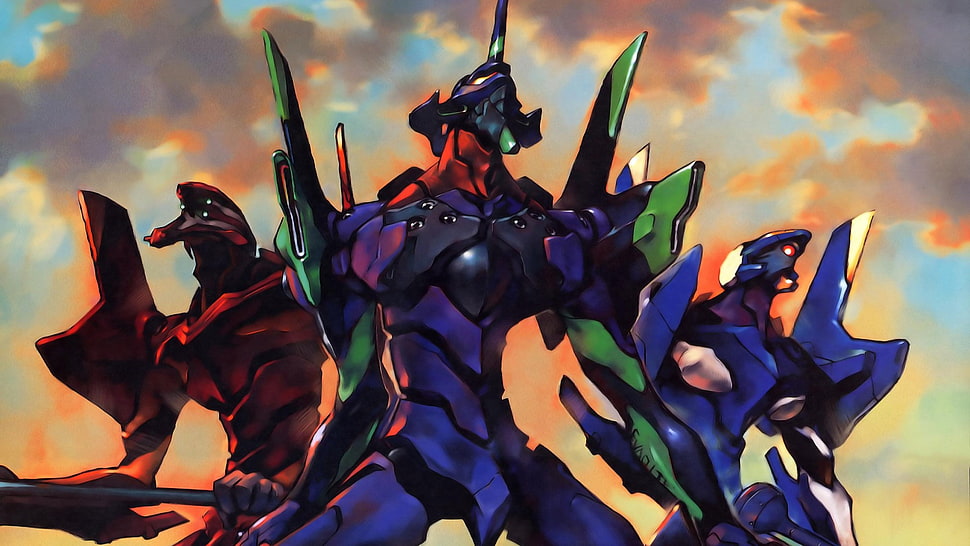 three robot digital wallpapers, Neon Genesis Evangelion, EVA Unit 00, EVA Unit 02, EVA Unit 01 HD wallpaper