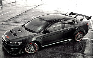 black sports car, car, Mitsubishi, Mitsubishi Lancer, black HD wallpaper